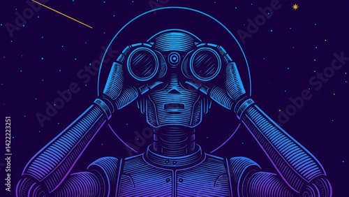 Futuristic Robot Observing Starry Night Sky Through Binoculars Art Illustration, Generated AI