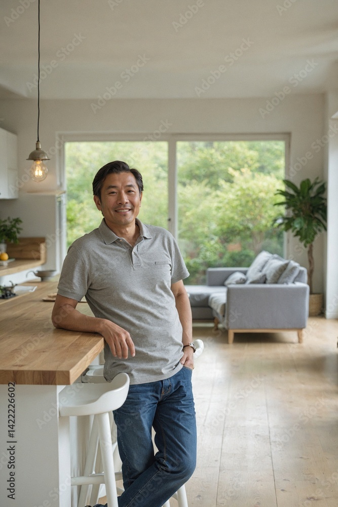 Fototapeta premium Middle-Aged Japanese Man in Grey Polo Shirt and Jeans Posing Comfortably in Foreground