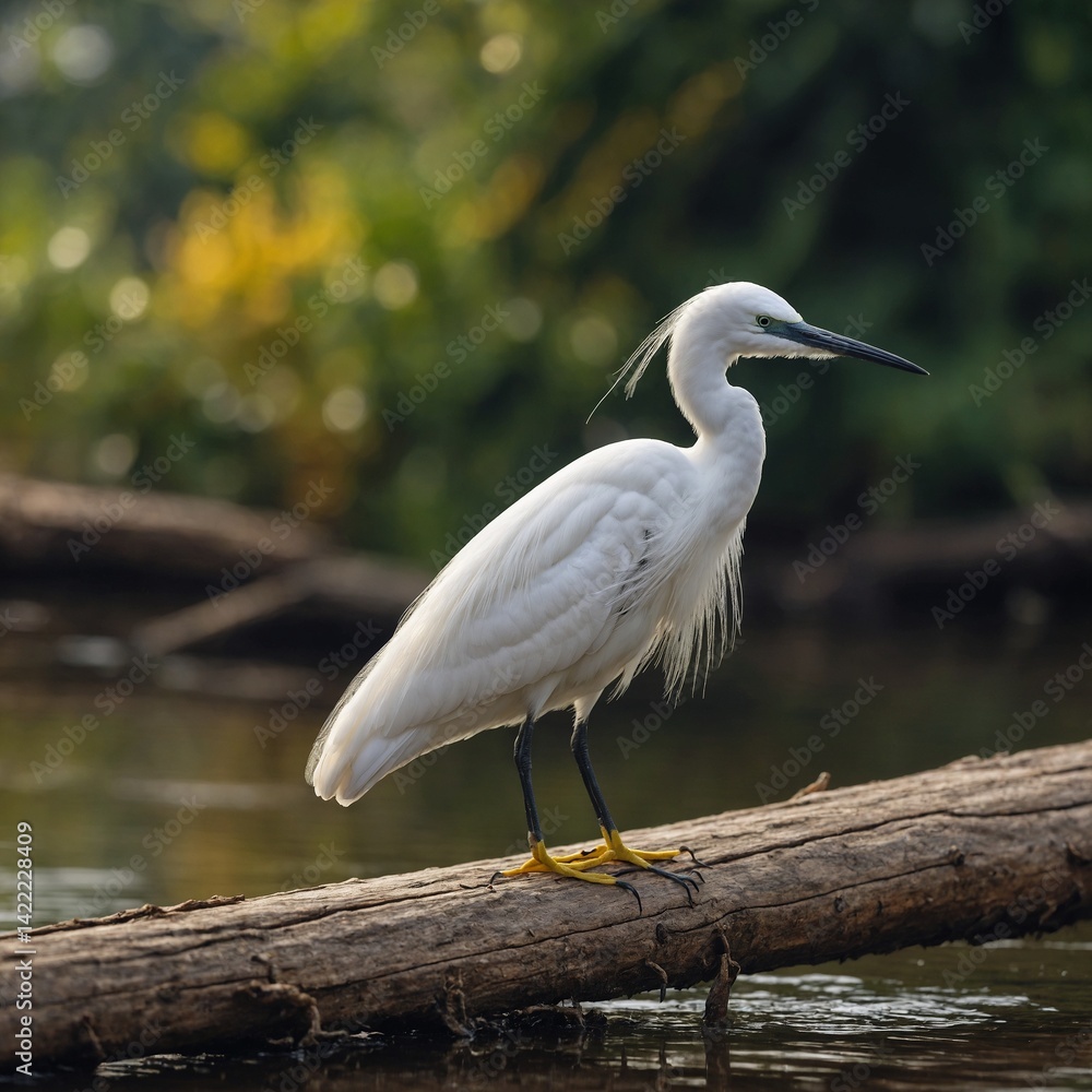 Obraz premium Little Egret bird on piece of wood