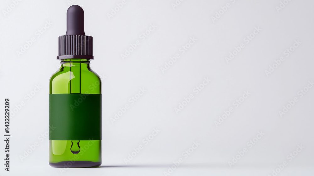 Green Dropper Bottle with Blank Label on Minimalist White Background Green Dropper Bottle with Blank Label on Minimalist White Background