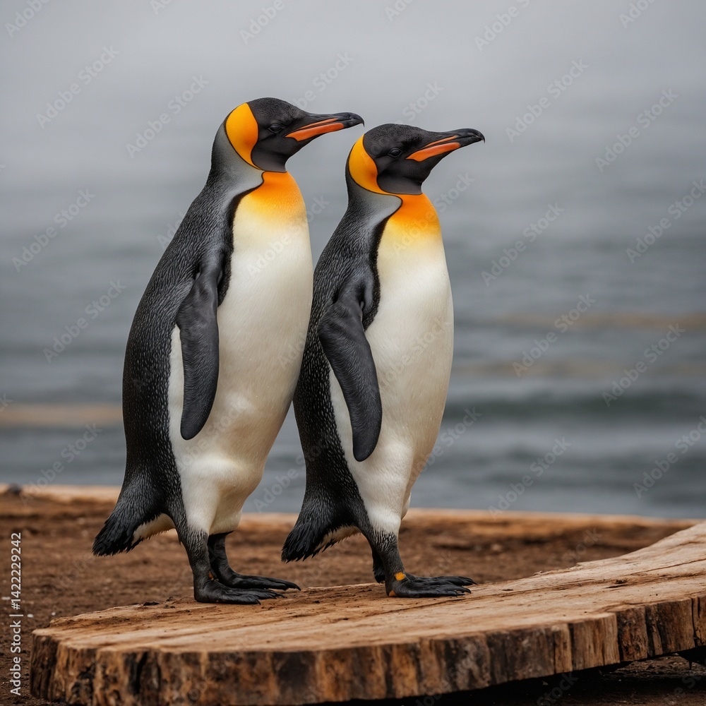 Naklejka premium King Penguin bird on piece of wood.