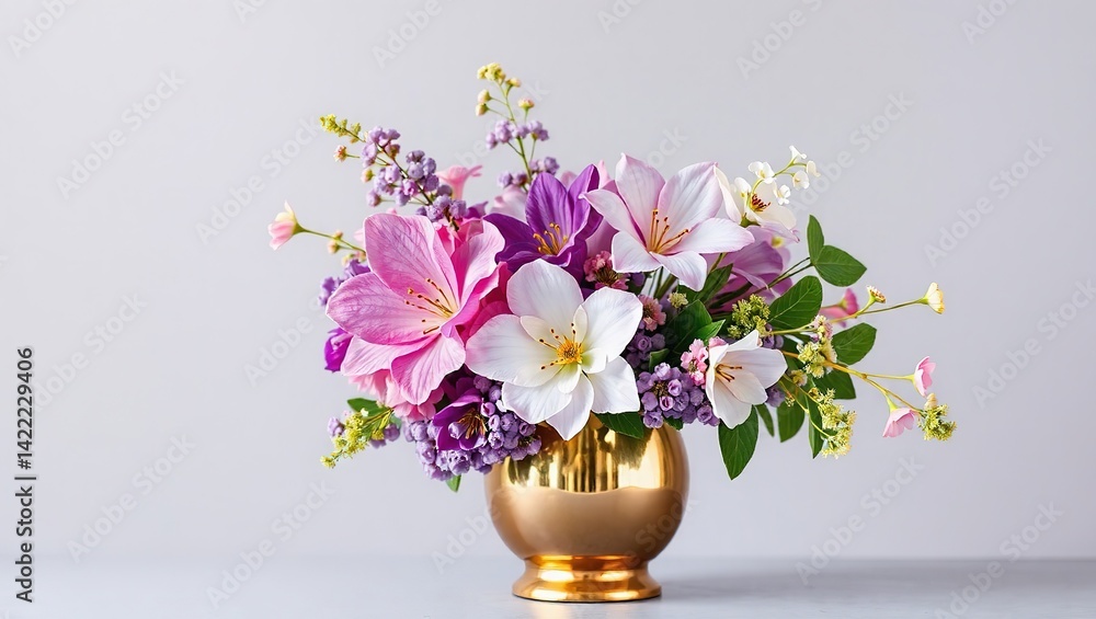 Fototapeta premium Elegant Brass Vase Arrangement with Purple, Pink, and Silver Flowers