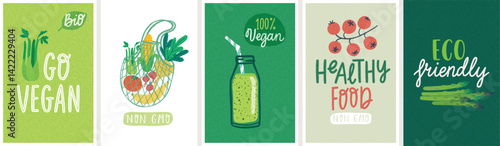Natural Food letterings, Healthy Food, Eco Friendly, Go Vegan, No GMO and other elements. Card set - Vector illustration.