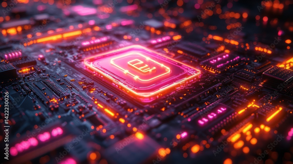 Close-up of a glowing CPU with a battery icon on a circuit board. Close-up of a glowing CPU with a battery icon on a circuit board.