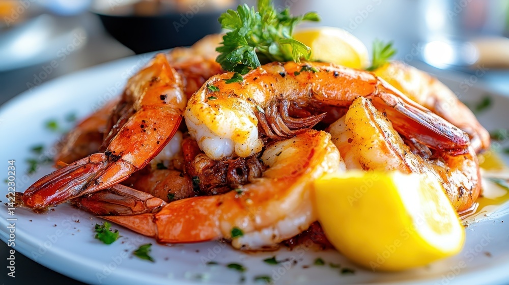 A visually appealing arrangement featuring vibrant, juicy shrimp elegantly garnished with lemon slices and green herbs, perfect for seafood lovers. A visually appealing arrangement featuring vibrant, juicy shrimp elegantly garnished with lemon slices and green herbs, perfect for seafood lovers.
