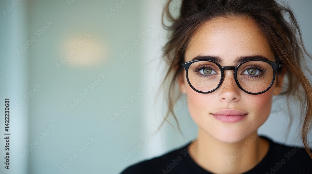An intimate portrait capturing the beauty of a young woman in black glasses, highlighting her eyes, freckles, and soft smile, set against a clean, neutral background. An intimate portrait capturing the beauty of a young woman in black glasses, highlighting her eyes, freckles, and soft smile, set against a clean, neutral background.
