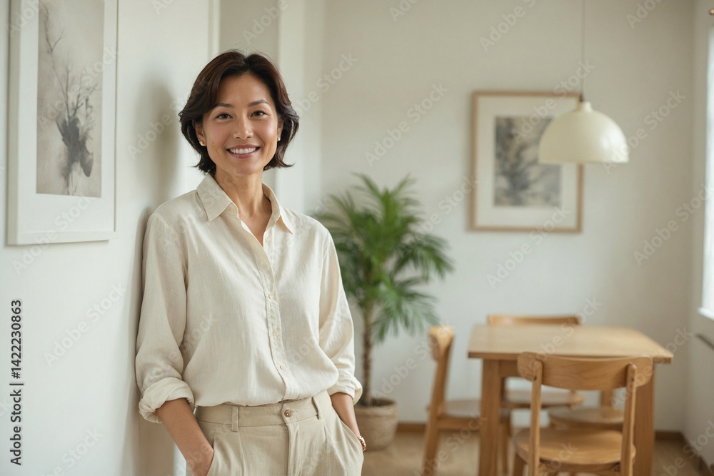 Medium Shot: Happy Japanese Woman, Late 40s, Radiant Smile, Cream Linen Top, Comfortable Style Medium Shot: Happy Japanese Woman, Late 40s, Radiant Smile, Cream Linen Top, Comfortable Style