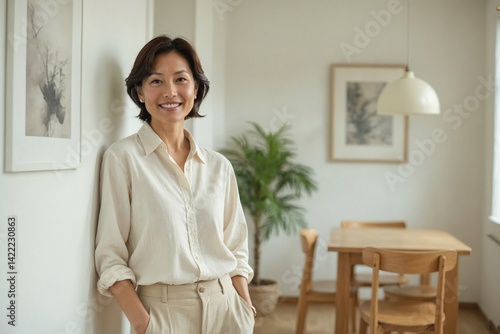 Medium Shot: Happy Japanese Woman, Late 40s, Radiant Smile, Cream Linen Top, Comfortable Style