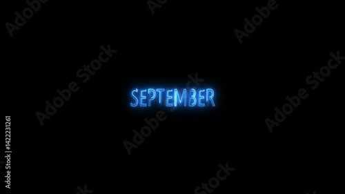 Neon september text animation glowing blue sign against a black background