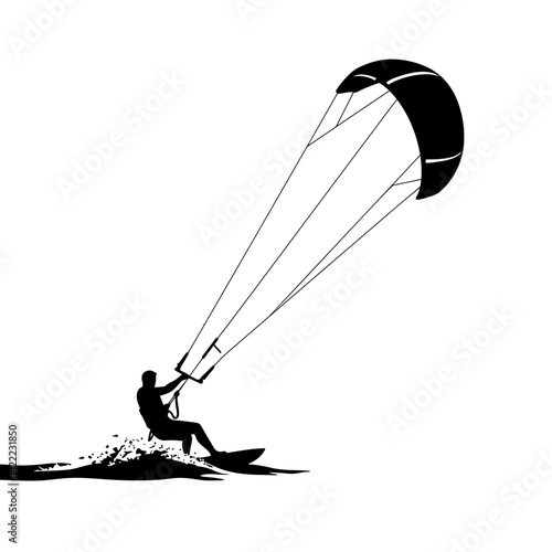 Silhouette of a kitesurfer riding the waves with a large kite against a white background in monochrome