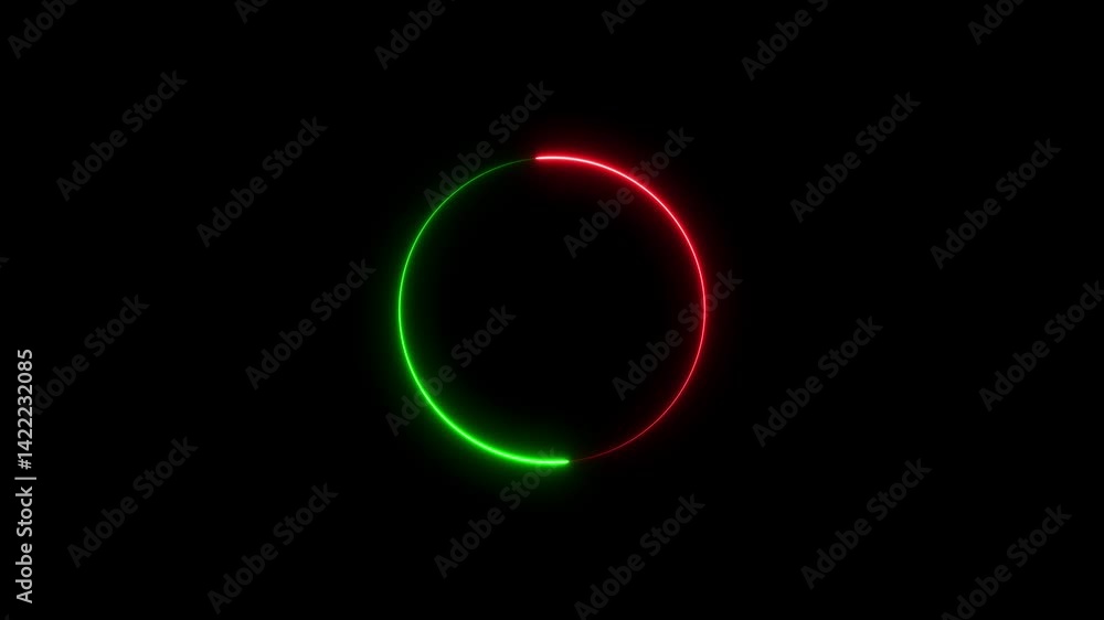 Glowing neon circle with red and green segments on black background animation