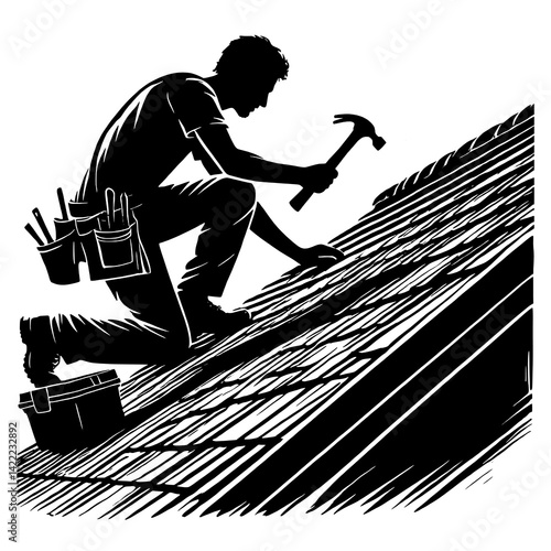 Roofer Working on Roof Silhouette Vector Illustration
