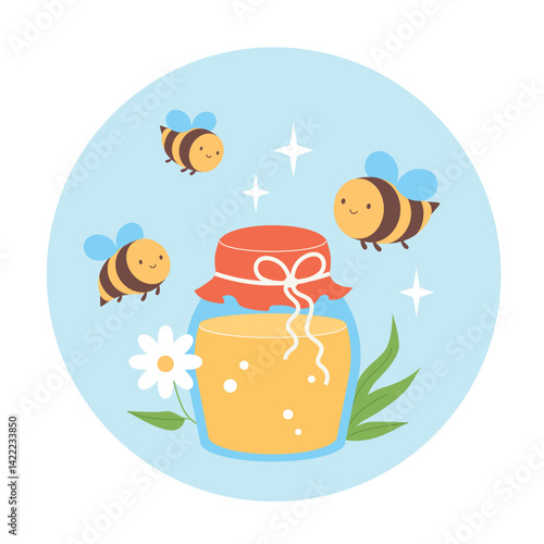 Jar of golden honey with flying bees around. Beekeeping sticker design, organic apiculture, natural sweet product.