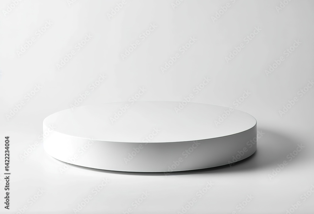 A round, flat, white podium against a white background, captured in high-resolution photography. A round, flat, white podium against a white background, captured in high-resolution photography.
