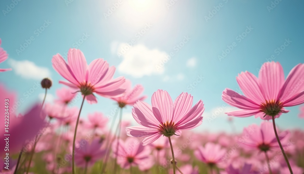 Vibrant pink cosmos flowers bloom under bright sunny sky. Delicate petals create beautiful natural floral background. Summer meadow landscape. Peaceful day, sunshine, dreamy scene. Vibrant pink cosmos flowers bloom under bright sunny sky. Delicate petals create beautiful natural floral background. Summer meadow landscape. Peaceful day, sunshine, dreamy scene.