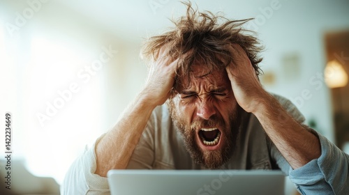 A frustrated man with messy hair burdens himself while looking at his laptop, showcasing the struggle and stress many individuals face in their daily work lives.