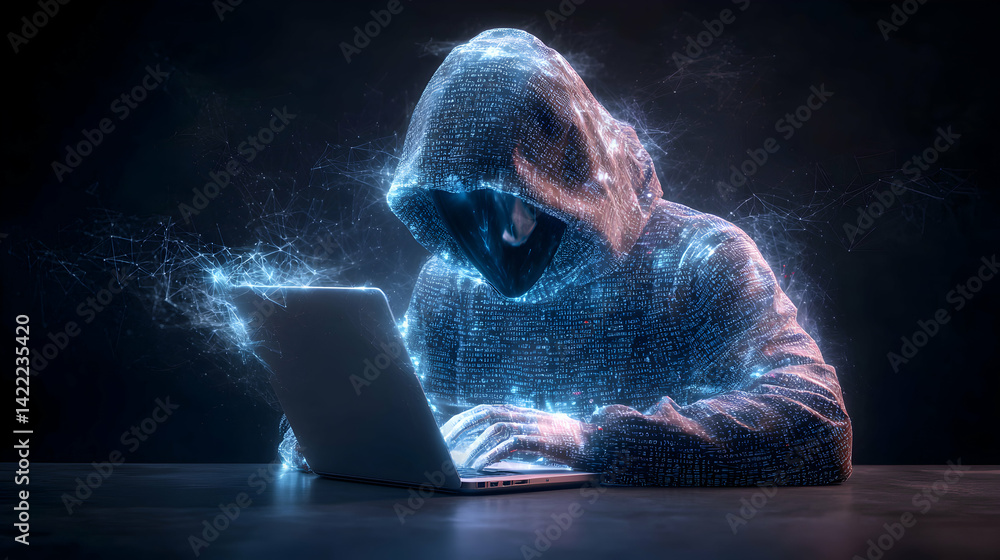 A digital hacker in a hoodie is illuminated by data streams. Use it for cybersecurity presentations. It represents tech and digital threats. A digital hacker in a hoodie is illuminated by data streams. Use it for cybersecurity presentations. It represents tech and digital threats.