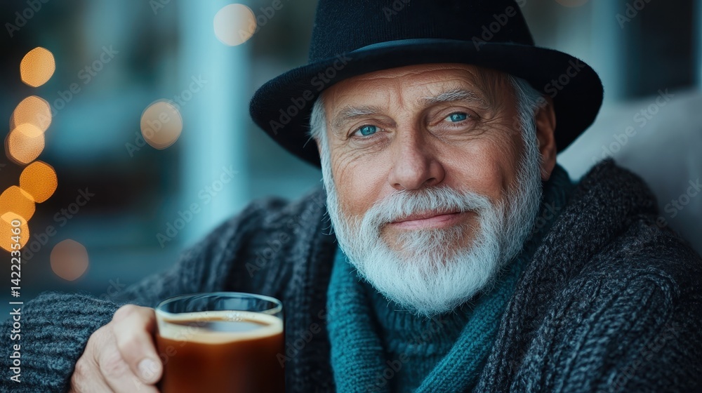 An elderly man joyfully raises his coffee glass in a cozy environment, highlighting feelings of contentment and nostalgia in a beautifully lit winter scene. An elderly man joyfully raises his coffee glass in a cozy environment, highlighting feelings of contentment and nostalgia in a beautifully lit winter scene.