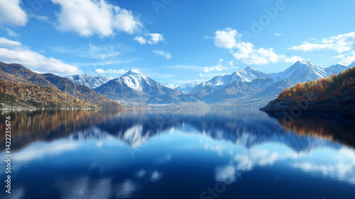 serene lake surrounded by majestic mountains and clear skies
