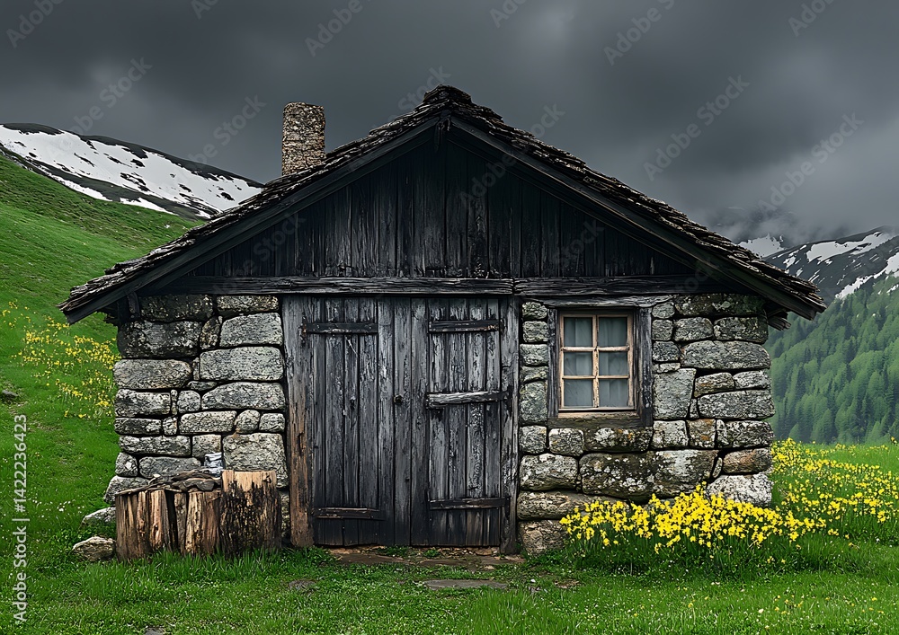 Obraz premium Alpine Hut, Mountain Meadow, Stormy Sky