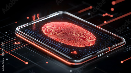 Image depicts a digital fingerprint on a smartphone screen suggesting biometric security. It implies secure access and data protection. Use for authentication apps.