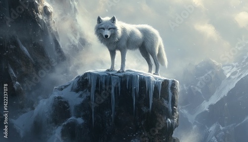 Majestic arctic wolf perched atop a frosted peak surveying its frigid domain
