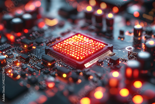 A close-up of a glowing computer circuit board showcasing intricate details. Ideal for technology presentations websites or educational content.