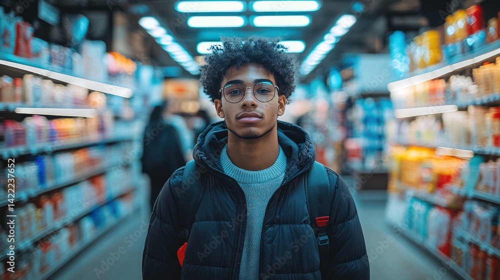 Young man with backpack standing in supermarket aisle. Young man with backpack standing in supermarket aisle.
