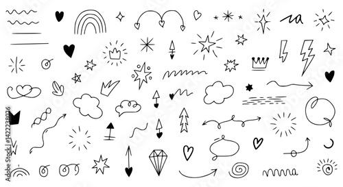 Playful Hand Drawn Doodle Elements Collection with Arrows, Hearts, and Stars