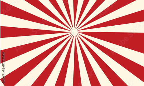 red and white sunburst abstract background. Funky ray elements with Classic vintage rays design., boom, comic. Cartoon pop art template summer banner background.