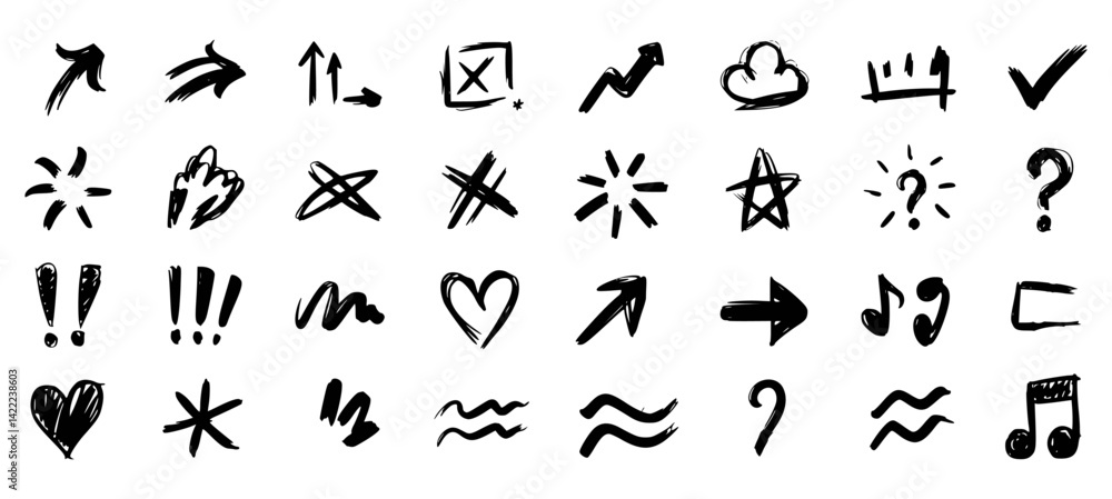 Bold Hand Drawn Doodle Icons and Marker Style Symbol Set Bold Hand Drawn Doodle Icons and Marker Style Symbol Set