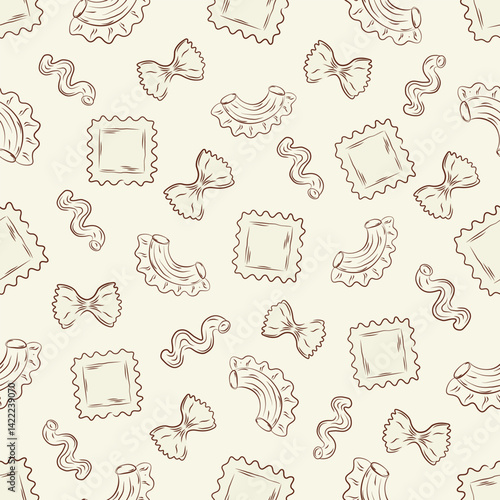 Hand-drawn seamless pattern with various Italian pasta. Designed for wrapping paper, packaging, fabric, and textile design. Vector illustration.