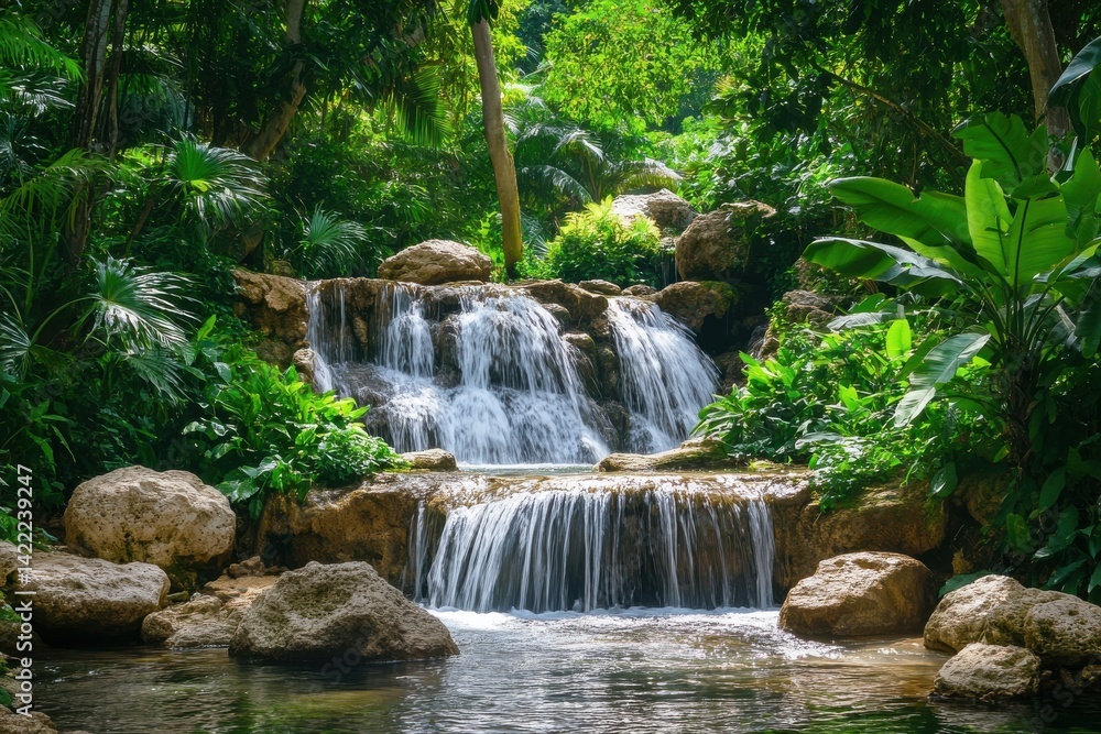A small waterfall cascading over rocks surrounded by lush green foliage in a serene natural setting A small waterfall cascading over rocks surrounded by lush green foliage in a serene natural setting