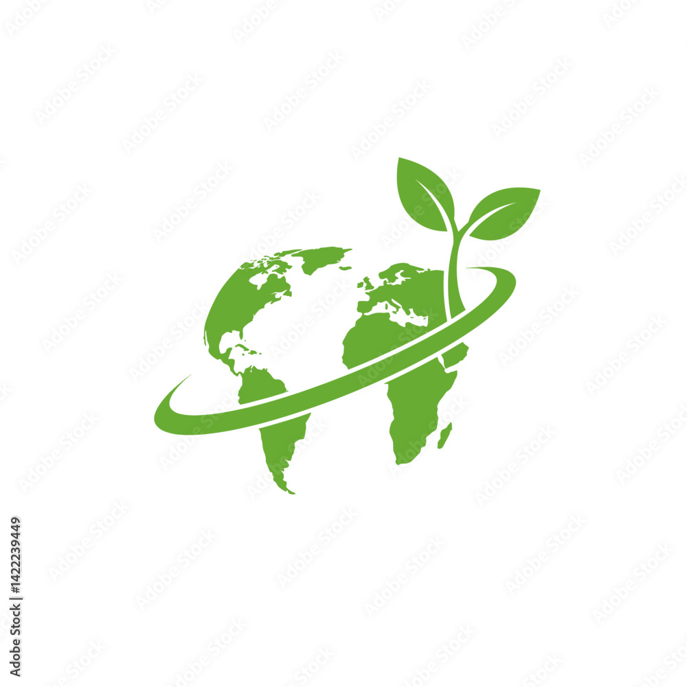 Green Globe and Leaf: A vibrant graphic symbol, depicting the Earth entwined with a ring and a flourishing leaf, evokes themes of environmental consciousness, sustainability. Green Globe and Leaf: A vibrant graphic symbol, depicting the Earth entwined with a ring and a flourishing leaf, evokes themes of environmental consciousness, sustainability.