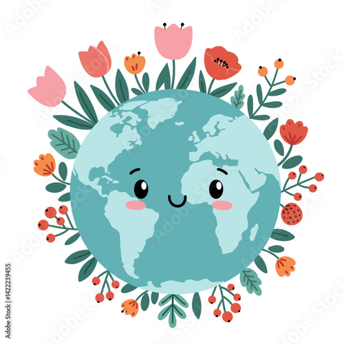 A Blooming Earth: A delightful illustration depicts planet Earth adorned with vibrant flowers and lush foliage, creating a cheerful representation of environmental consciousness and floral beauty.