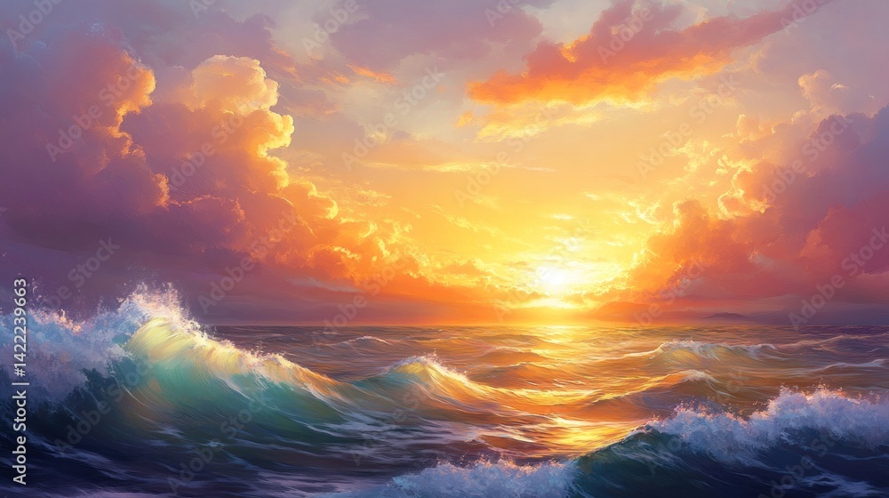 Fototapeta premium Golden Sunset Over Turbulent Ocean