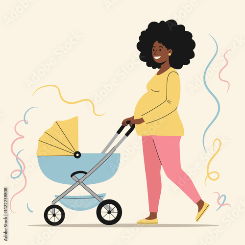 Pregnancy stroll: A gentle illustration of a pregnant woman joyfully strolling with her baby carriage, showcasing the beautiful journey of motherhood and the anticipation of new beginnings.