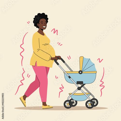 A Mommy's Joyful Walk: A pregnant woman strolls with her baby stroller, showcasing the beauty of motherhood and the joy of anticipation.
