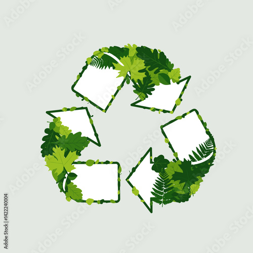 Eco-Conscious Recycling: A vibrant, organic depiction of the universal recycling symbol crafted from an assortment of green leaves, symbolizing environmental stewardship and sustainability.