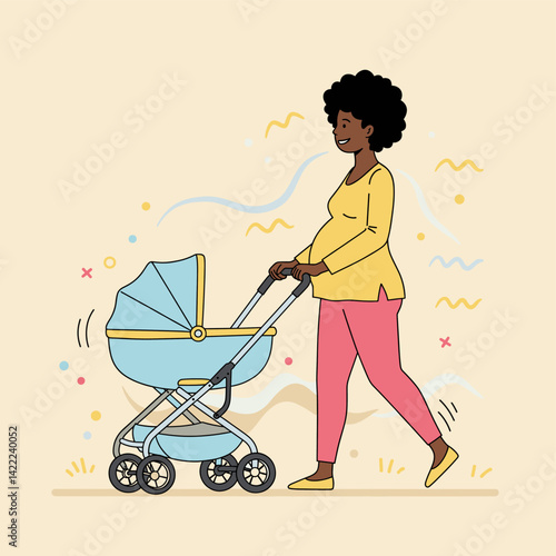 Motherhood stroll with baby carriage: A joyous pregnant woman gently strolls with her baby carriage, her smile radiating pure joy as she anticipates the arrival of her little one.