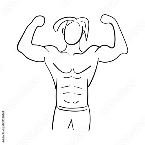 Line art illustration of a muscular man showing his biceps or hand muscles.