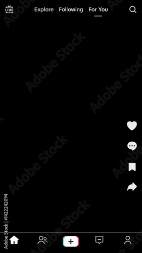 TikTok UI Social Media UI Elements Overlay (Black Background) for showreels Animation with Buttons, Comments, and Feed Layout Template – Discovery Feed Explore For You & Profile Interface Mockup