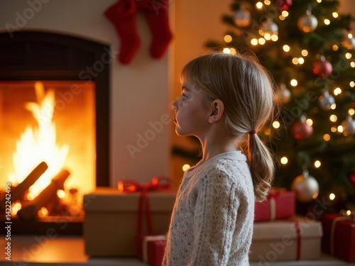 Obraz na płótnie Young girl stands in front of a fireplace, looking at the flames. The scene is cozy and warm, with a Christmas tree in the background w salonie