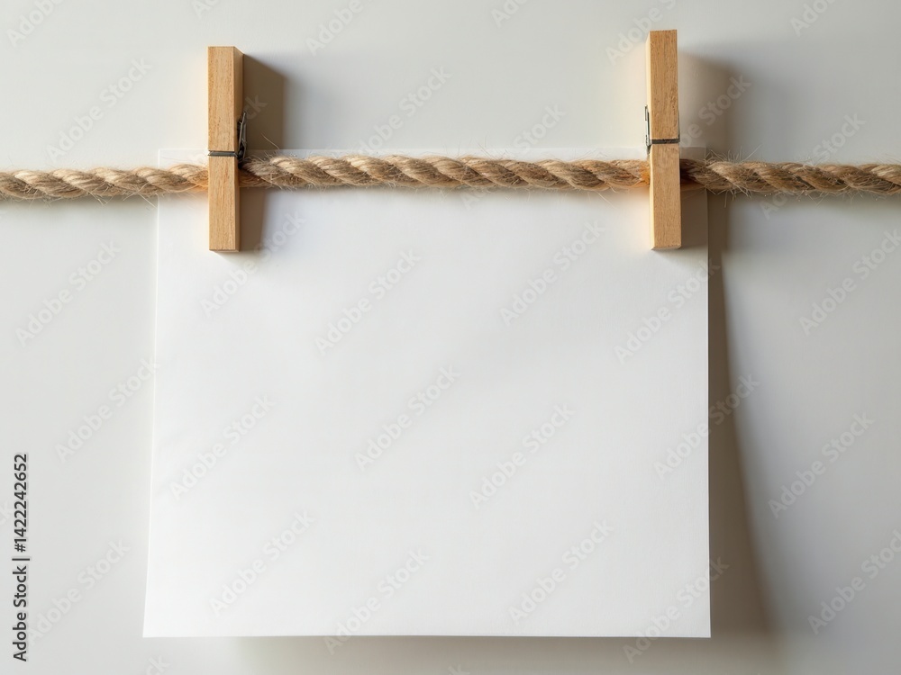 White piece of paper hanging from a clothesline. The paper is empty and has no writing on it