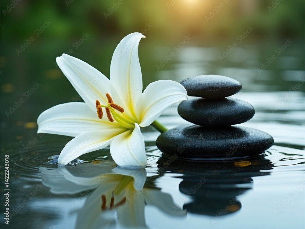 White flower is floating on top of a body of water. The water is calm and peaceful, and the flower adds a touch of beauty to the scene