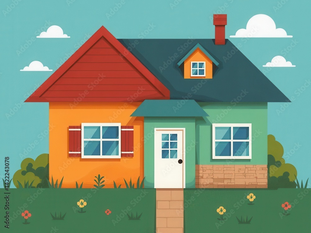 Colorful house with a blue roof and a white door. The house is surrounded by a lush green lawn and colorful flowers. The house has a welcoming