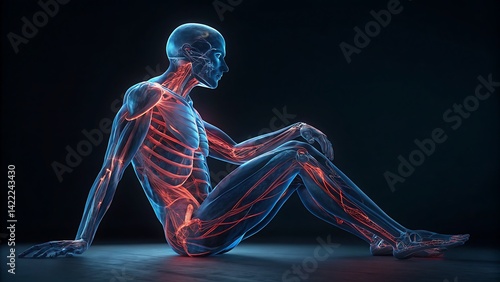 Anatomical Study: A luminous rendering of a human form, highlighting the intricate network of veins, muscles, and bones, revealing the underlying structure of the human body in striking detail.
