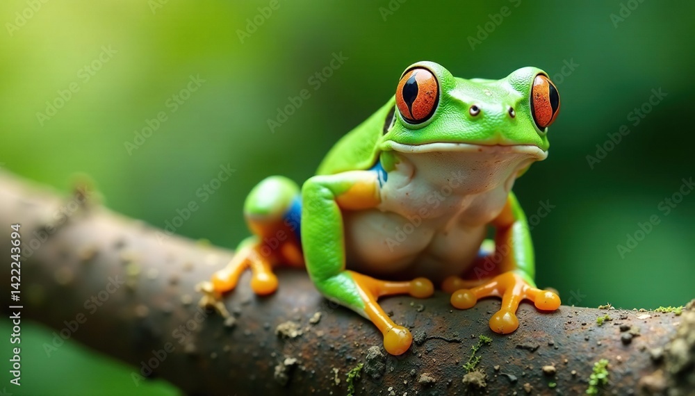 Naklejka premium Green tree frog perched on white, vibrant details, eyes, clean background, legs