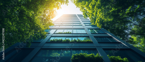 Sun filtering through trellised green balconies of an urban office building, calm and inspiring view
