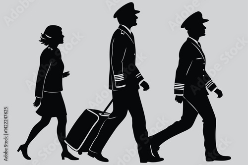 Flight crew walking at airport image silhouette design vector art and illustration